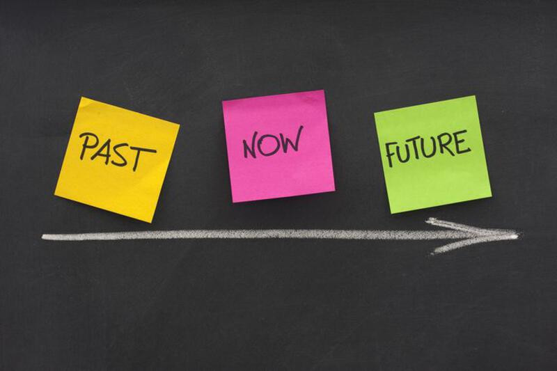 This may contain: three post it notes with the words past, now and future written in black ink