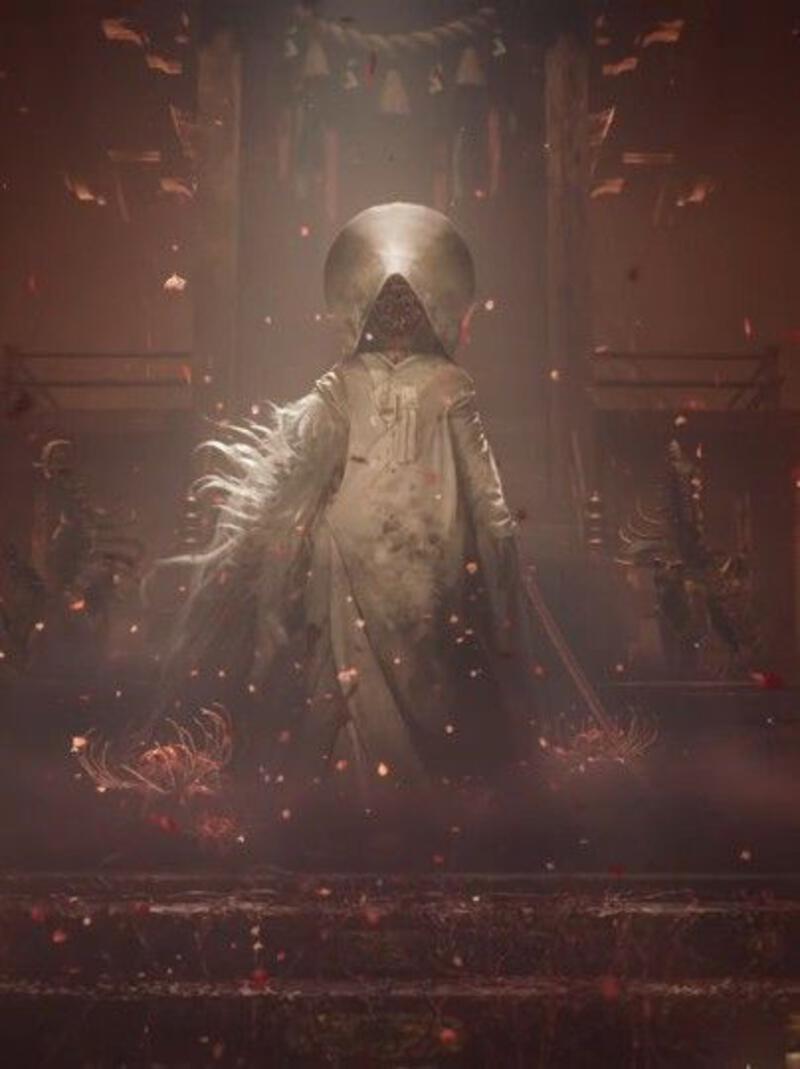 This may contain: an image of a man in a hooded suit with feathers on his head and hands behind him