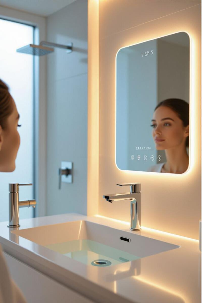 This contains: Modern bathroom with smart technology integration including a smart mirror, touchless faucet, and subtle automated lighting, emphasizing automation and modern convenience.