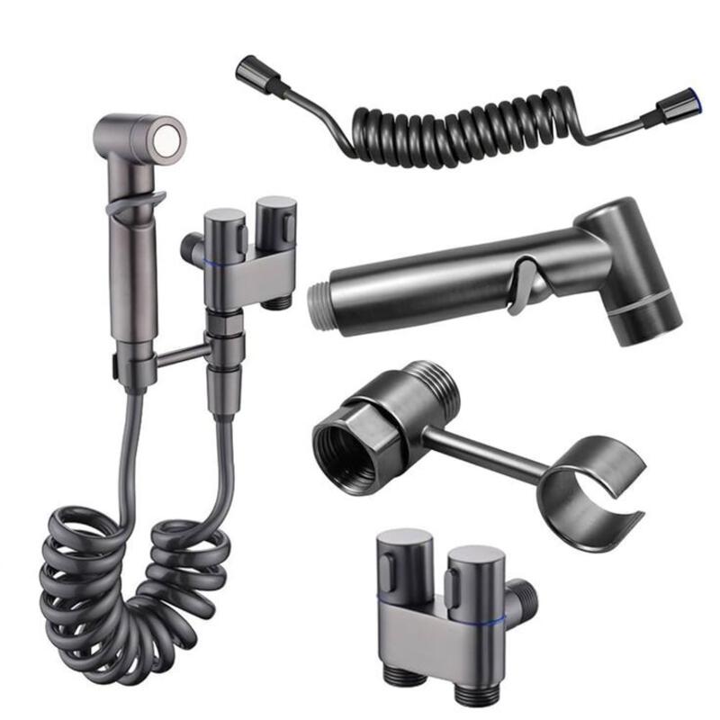 This may contain: an assortment of bathroom accessories including shower faucets and hand held showerheads