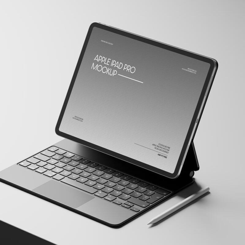 This contains: Free iPad Pro With Magic Keyboard Mockup PSD