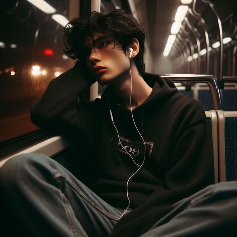 This may contain: a man sitting on a train with headphones in his ears and listening to music