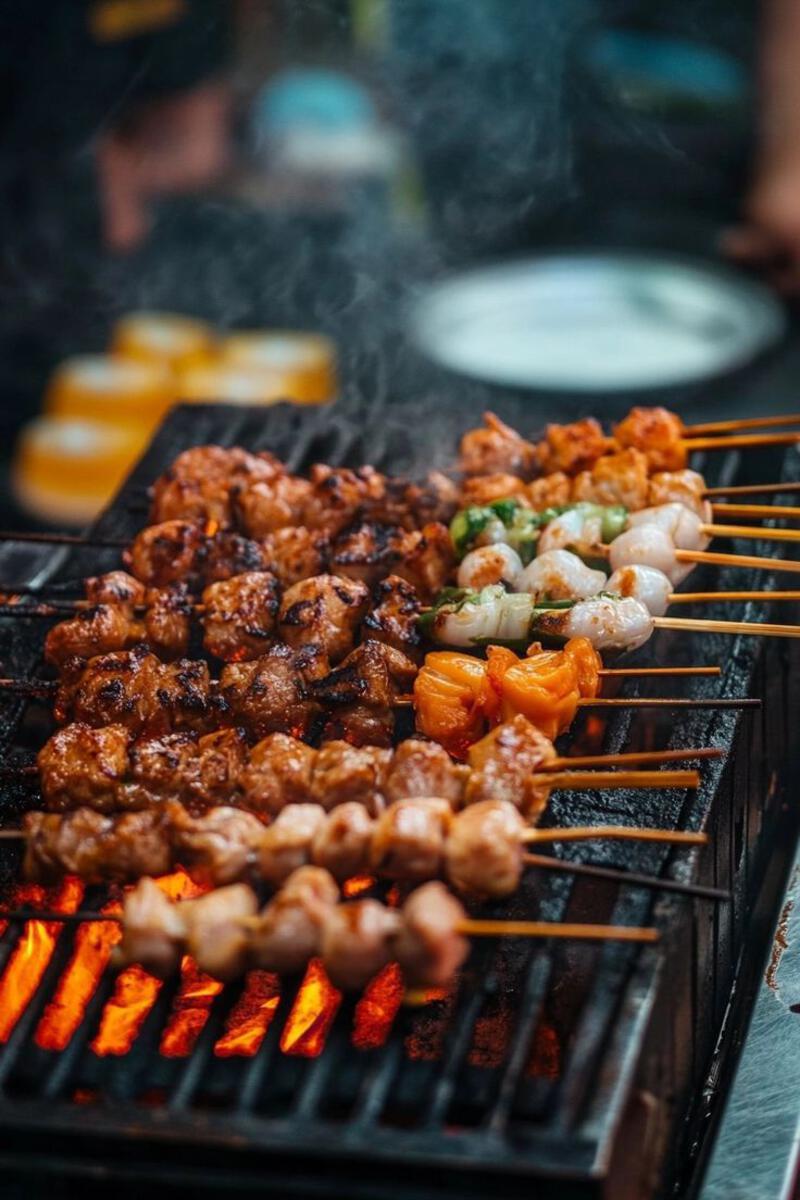 This may contain: several skewers of food being cooked on a grill with tongs and plates