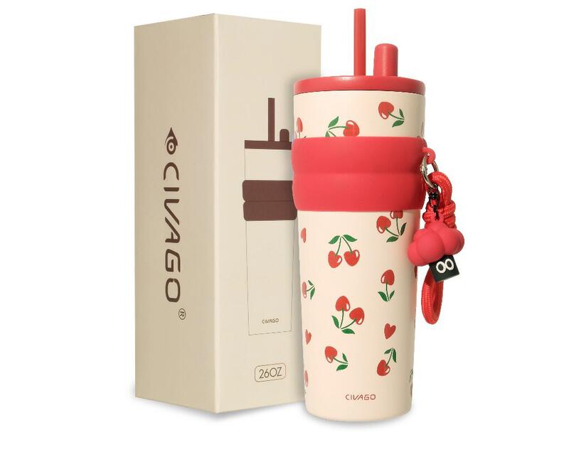 Product image CIVAGO（26oz） แก้วกาแฟสแตนเลสสตีลพร้อมฝาปิด กระติกสุญญากาศเซรามิคไลเนอร์ ชุดภาพวาดลายพิเศษ เชอร์รี่