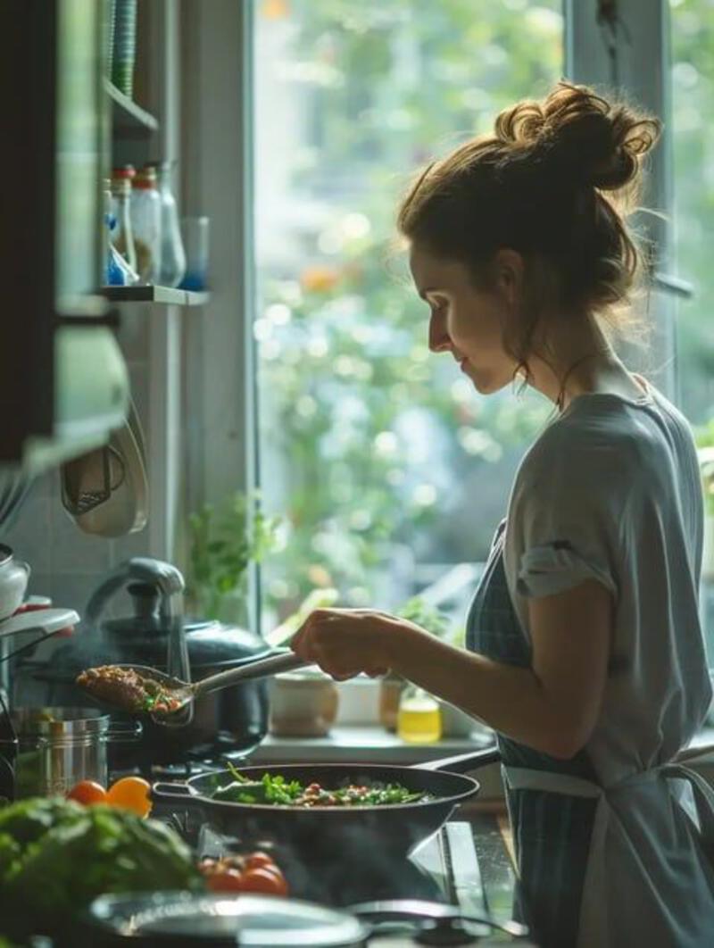 This may contain: a woman is cooking in the kitchen with her utensils on and she is looking out the window