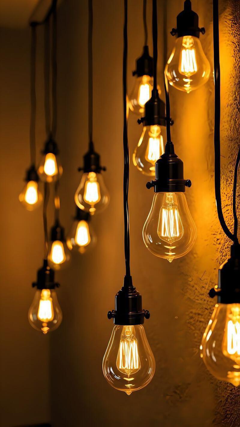 This may contain: many light bulbs are hanging from the ceiling