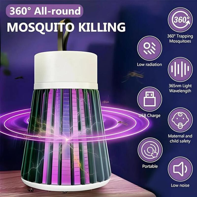 This may contain: the mosquito killer light is on top of a wooden table with purple and white lights