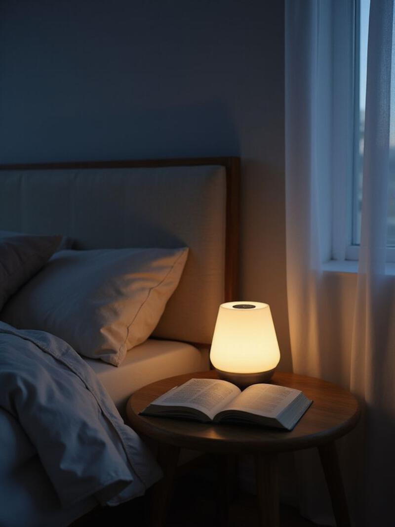 This may contain: an open book sitting on top of a wooden table next to a lamp in a bedroom