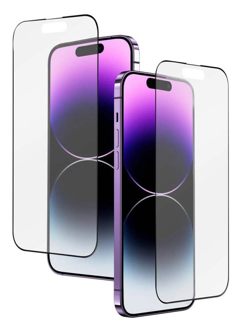 This may contain: two iphones with glass screen protectors on the front and back, one is purple