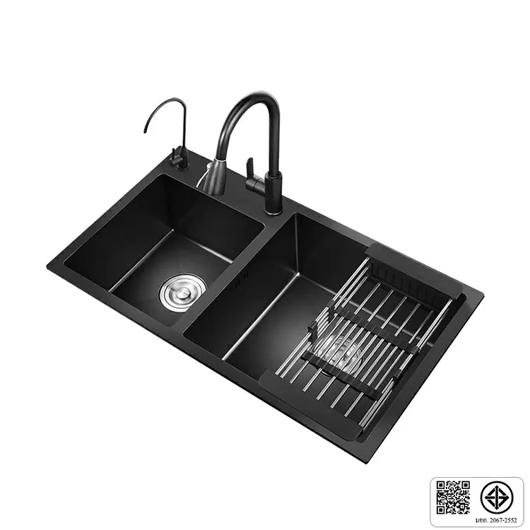 หลุมเดี๋ยวหลุมคู่สแตนเลส304ซิงก์ล้างจานหลุมเดี๋ยวหลุมคู่ตะกร้าระบายน้ำแบบพับเก็บได้สำหรับติดตั้งบน