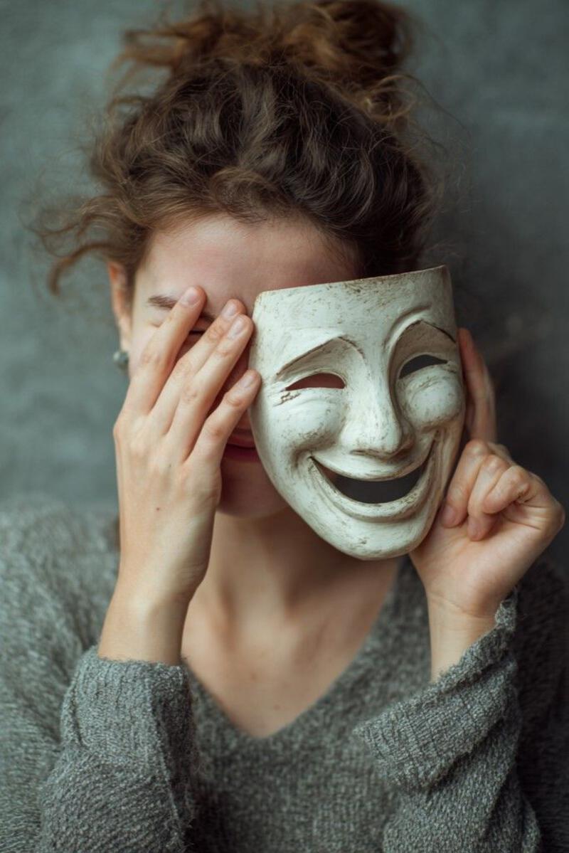 This may contain: a woman covering her face with a mask