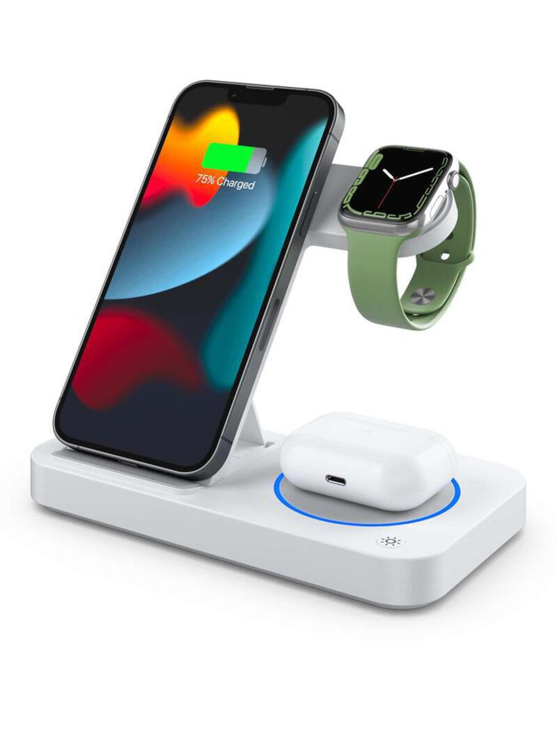 This may contain: an apple watch and iphone charging station on a white surface with the dock attached to it