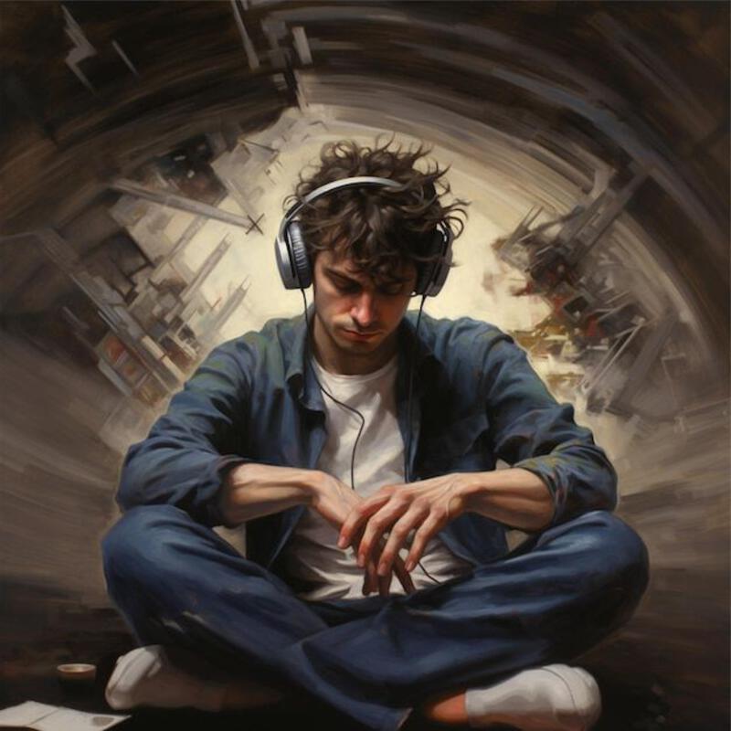 This may contain: a painting of a man with headphones on