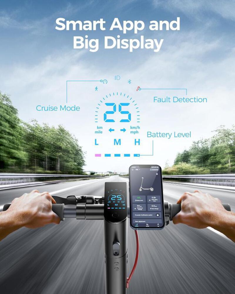 This may contain: a person riding a bike with an app on the handlebars that reads smart app and big display