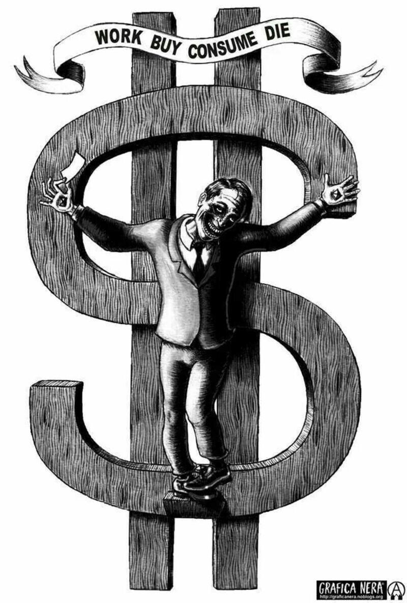This may contain: a drawing of a man standing on top of a dollar sign with banners around him