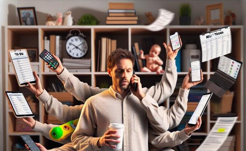 This may contain: a man is surrounded by cell phones and laptops in front of him, with papers flying all over his head