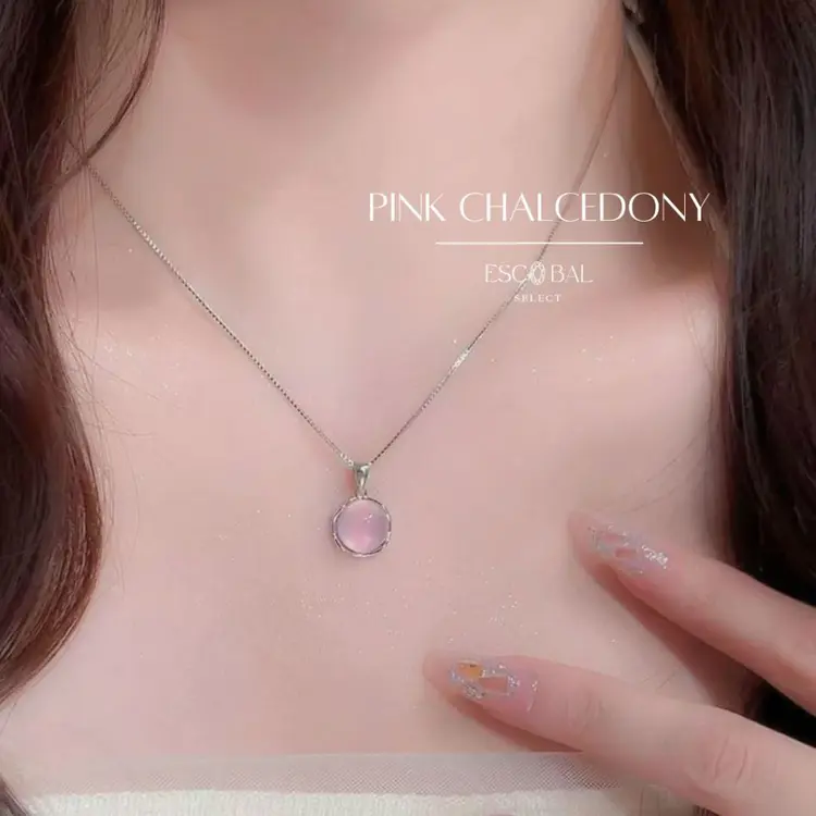 Escobal: สร้อยคอเงินแท้ Pink Chalcedony จี้เงินแท้, A1