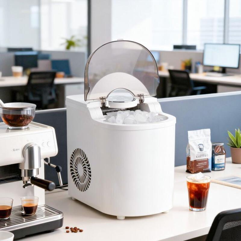 This may contain: a white machine sitting on top of a counter next to a cup filled with ice