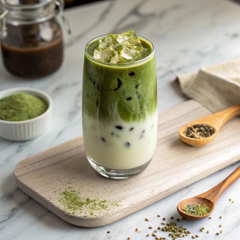 รูปนี้มี: A refreshing cold brew with earthy matcha and creamy black sesame foam