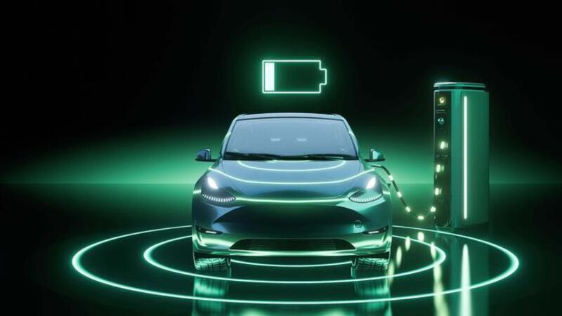 This may contain: an electric car is shown in the middle of a green circle with lights on it