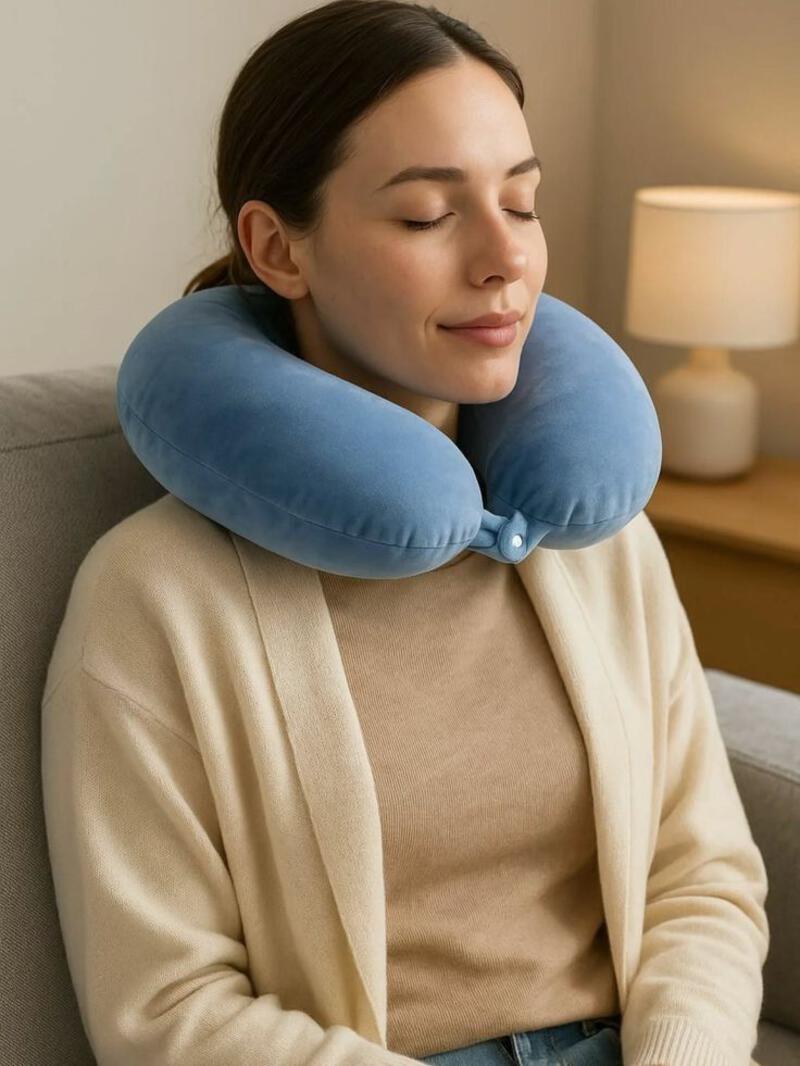 This may contain: a woman sitting on a couch wearing a neck pillow