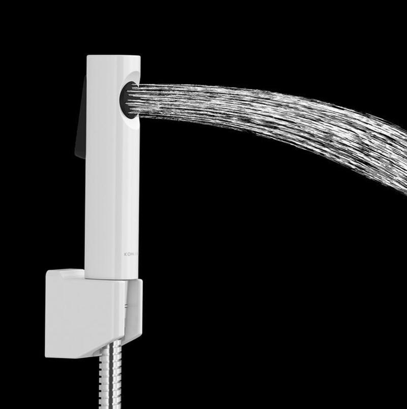 This may contain: a white shower head with water coming out of it