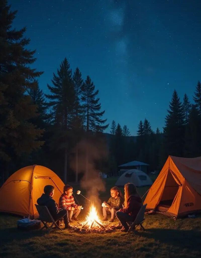 รูปนี้มี: A backyard campout scene with a family sitting around a campfire, tents pitched, and a starry night sky overhead. Cozy atmosphere, with bright campfire glow, and children roasting marshmallows. No text or written elements.