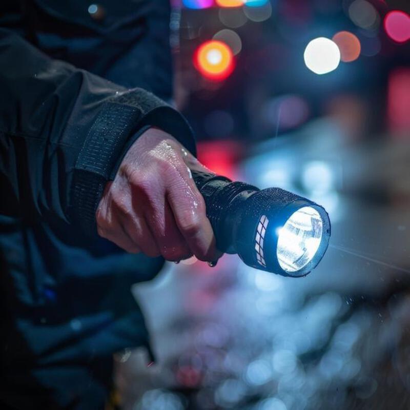 This may contain: a person holding a flashlight in their hand with blurry boke lights behind them