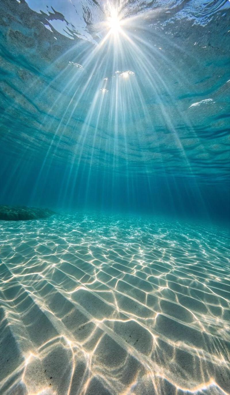 This may contain: the sun shines through the water as it reflects on the sandy bottom of the ocean floor