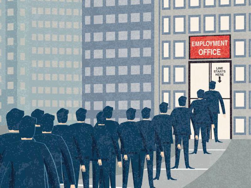 This may contain: a group of people standing in front of an employment office sign on a city street