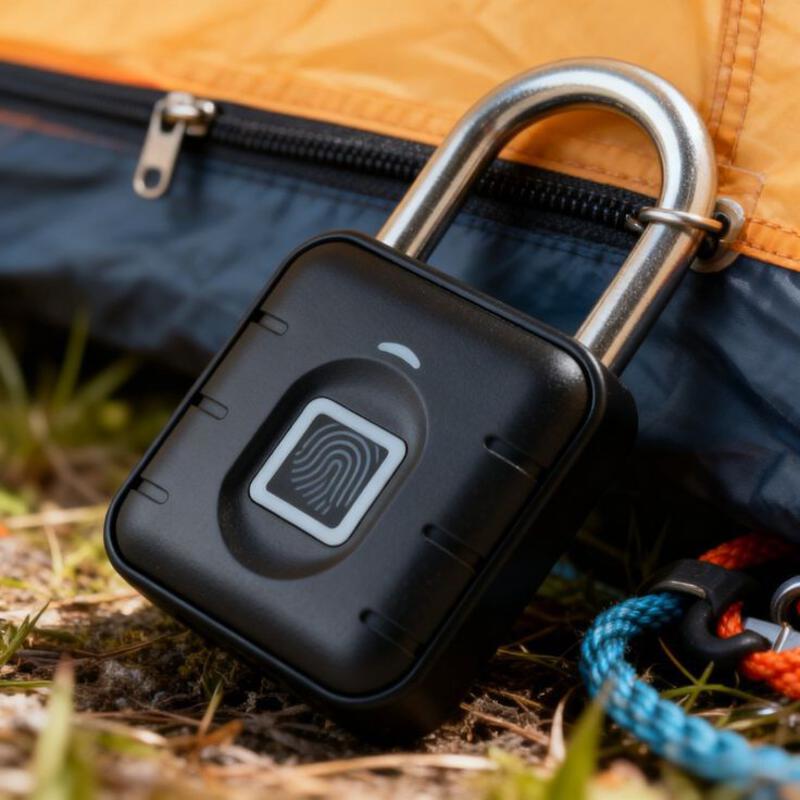 This may contain: a padlock attached to an orange and blue bag with a black lock on it