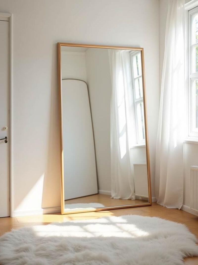 This may contain: a large mirror sitting on top of a wooden floor next to a white rug in front of a window
