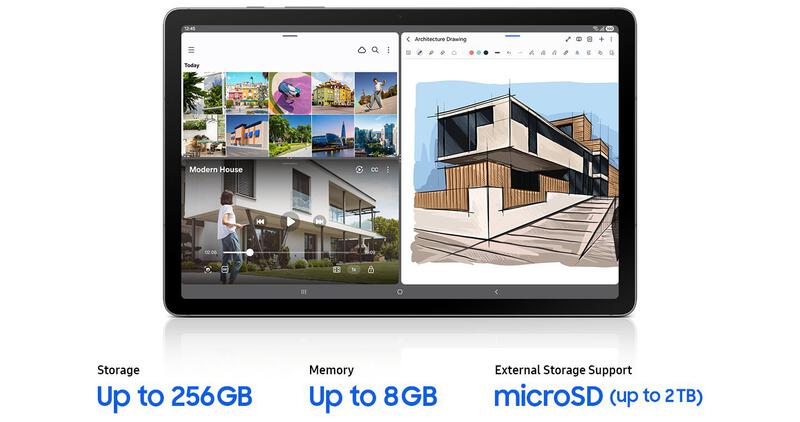 Galaxy Tab S10 Lite showing the large display running Gallery, a video player, and Samsung Notes all at once, demonstrating smooth multitasking with ample memory and storage to keep multiple apps open seamlessly. Text reads Storage up to 256 GB, Memory up to 8 GB, External Storage Support microSD (up to 2 TB).