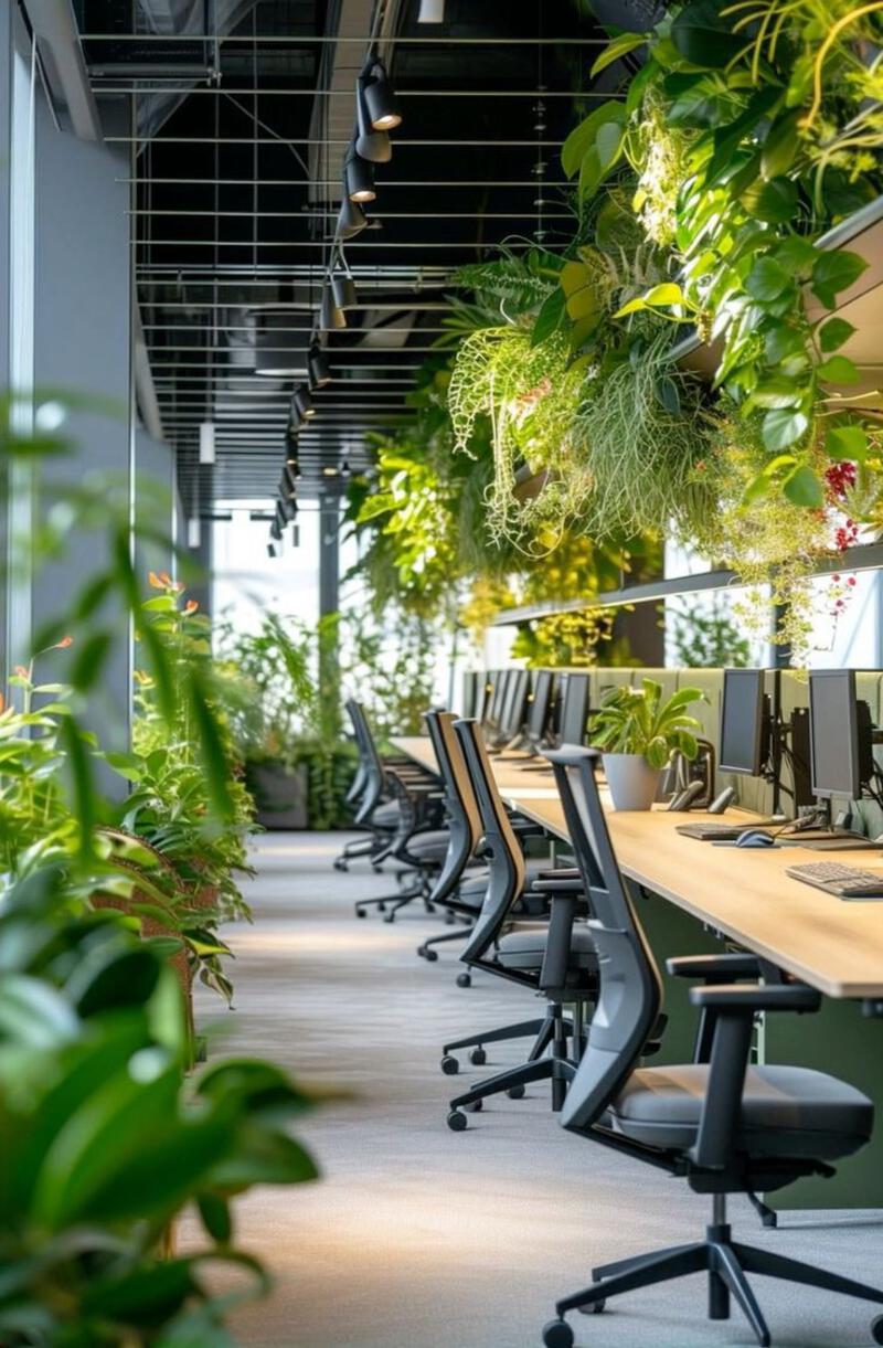 This may contain: an office with lots of plants hanging from the ceiling and desks on either side