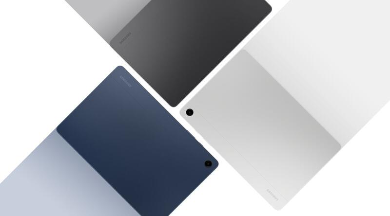 Galaxy Tab A9+ สี Graphite, Silver และ Navy วางอยู่ใกล้กัน โดยที่สามเครื่องหันส่วนหลังออกทางด้านหน้า