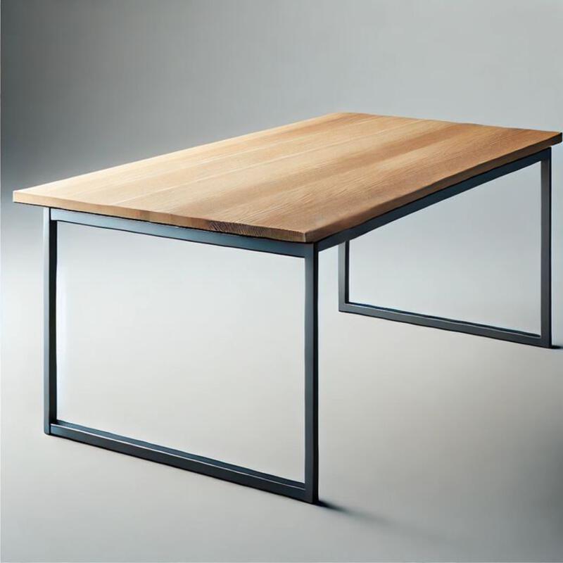 This may contain: a wooden table sitting on top of a metal frame