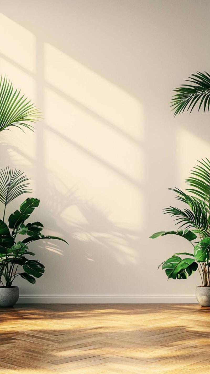 This may contain: three potted plants in front of a white wall