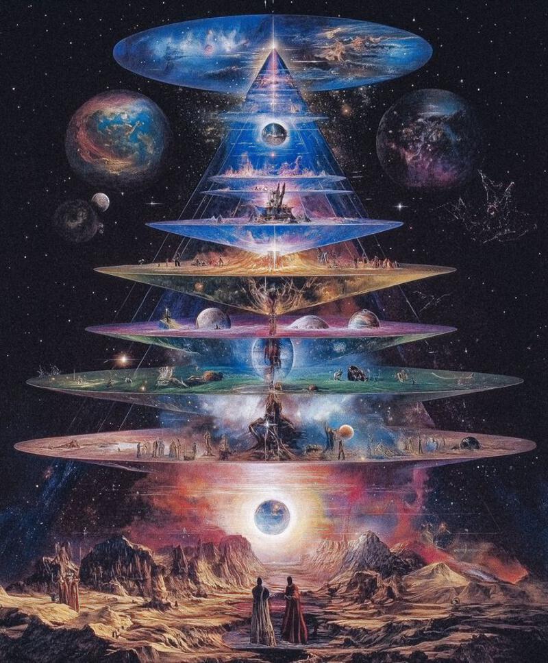 This may contain: an image of a pyramid in the sky with many different planets and stars around it