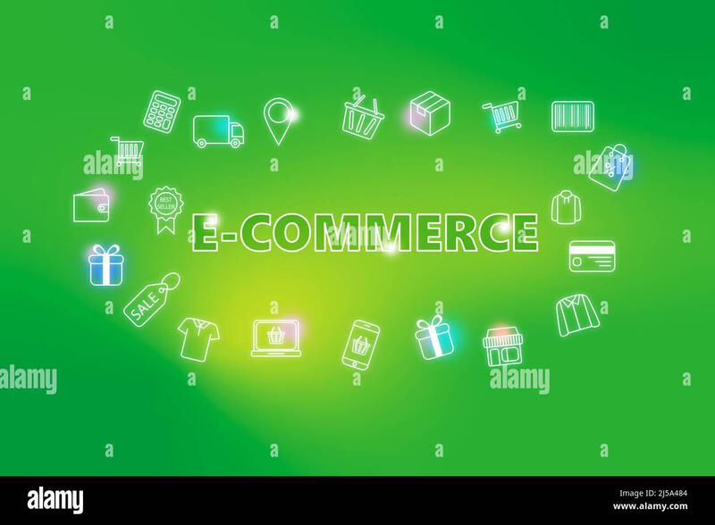 E-commerce - ecommerce web banner on green background. Various shopping icons. Online shopping concept Stock Photo - Alamy