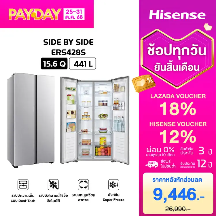 Hisense: ตู้เย็น2 ประตู Side By Side :15.6Q/441 ลิตร รุ่น ERS428S