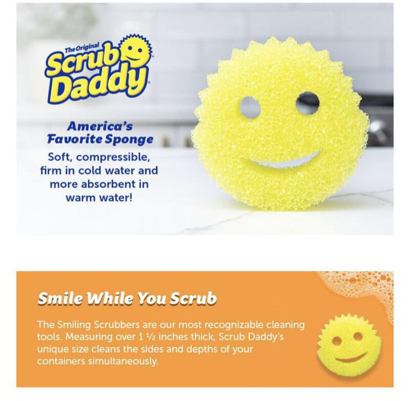 This may contain: an ad for scrubby daddy with a smiley face on the front and back of it