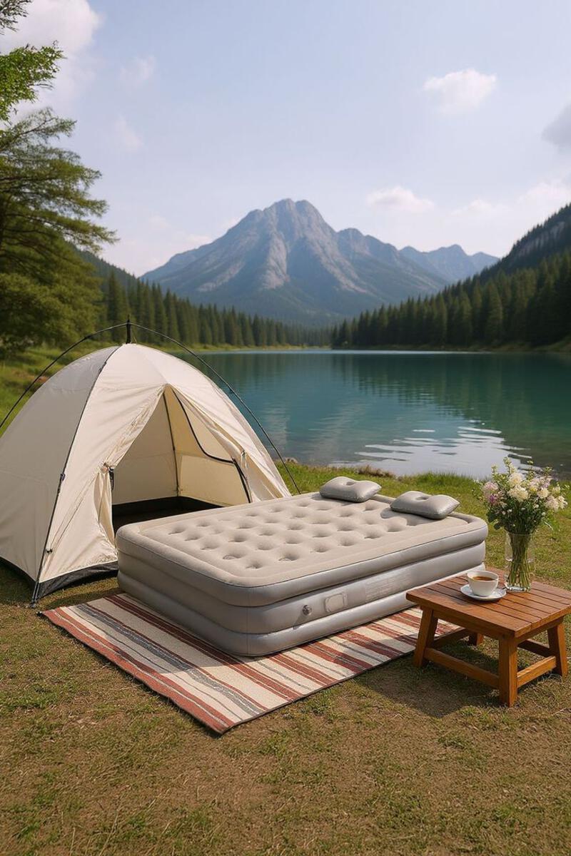 This may contain: an inflatable mattress is set up next to a lake with mountains in the background