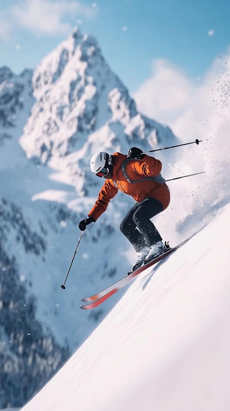 This may contain: a man riding skis down the side of a snow covered slope with mountains in the background
