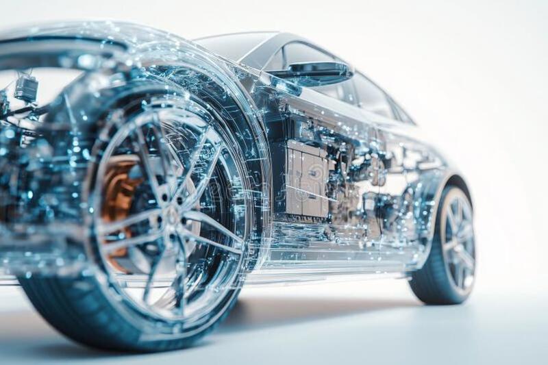 This contains: A dynamic 3D of a modern electric car with semi transparent features, showing a view of its internal stock photography