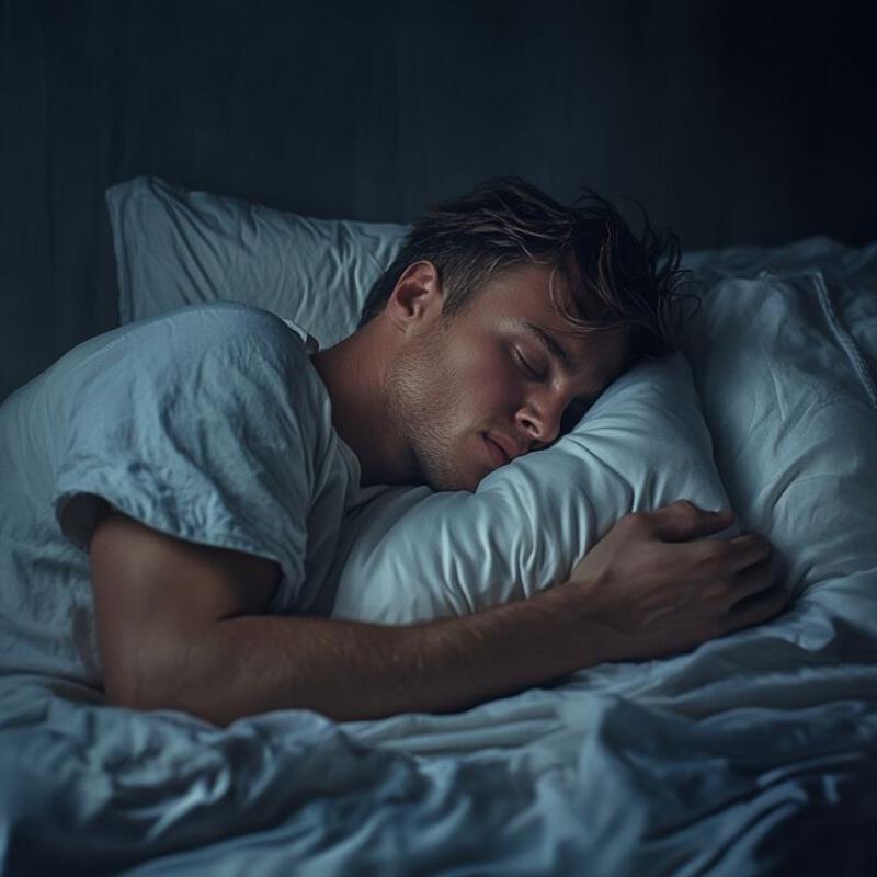 This may contain: a man sleeping in bed with his eyes closed and head resting on the pillow under him