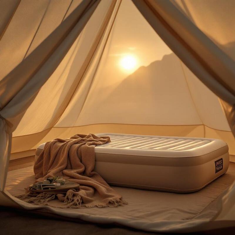 This may contain: an inflatable mattress sitting on top of a bed next to a blanket and pillows