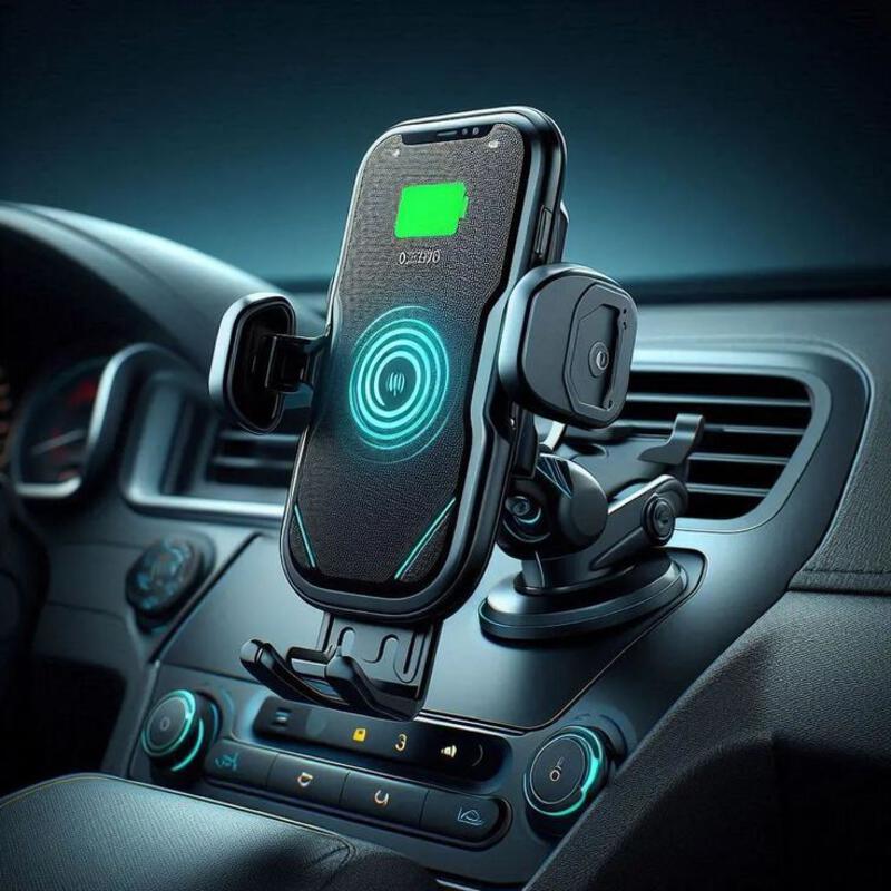 This may contain: an image of a cell phone in the car with a wireless charger attached to it