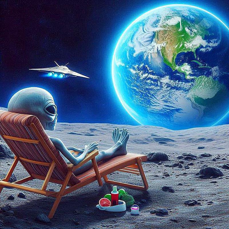 This may contain: an alien sitting in a lawn chair on the moon with a space shuttle flying over it