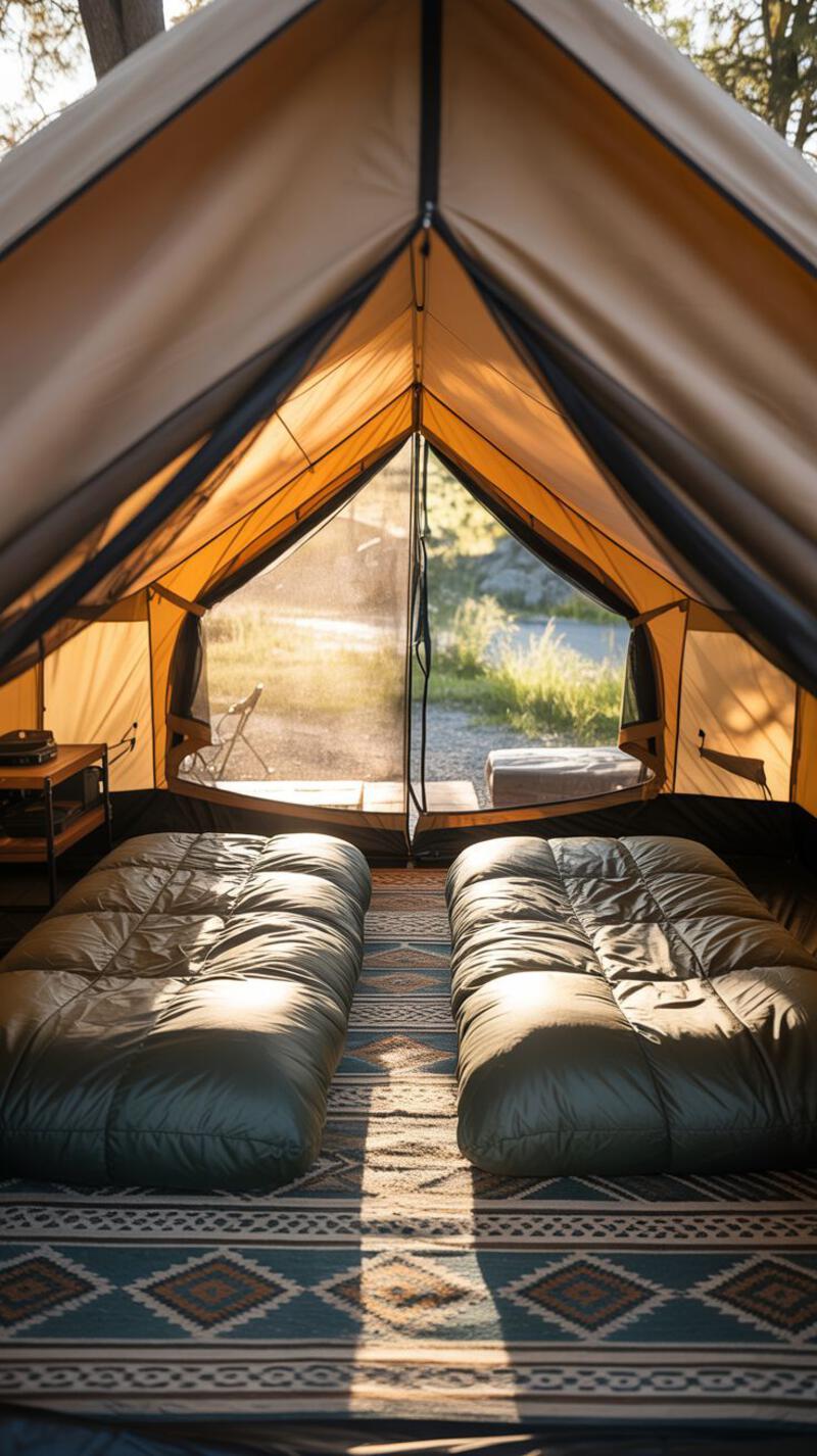 This may contain: two beds are in a tent with the door open to allow people to sleep inside